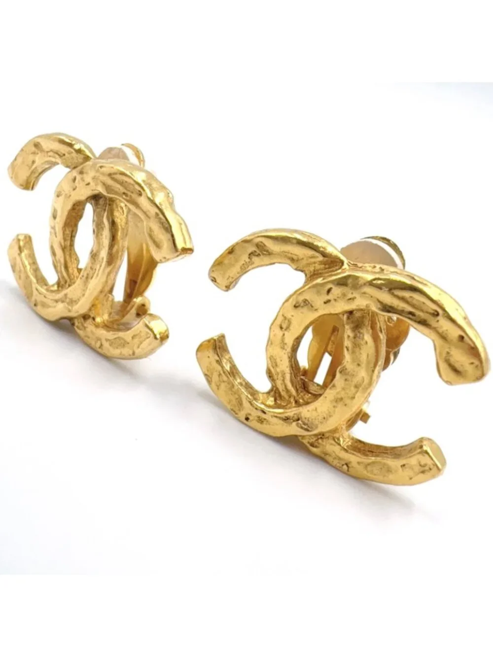 Chanel CC Logo Texture Gold Plated Earrings